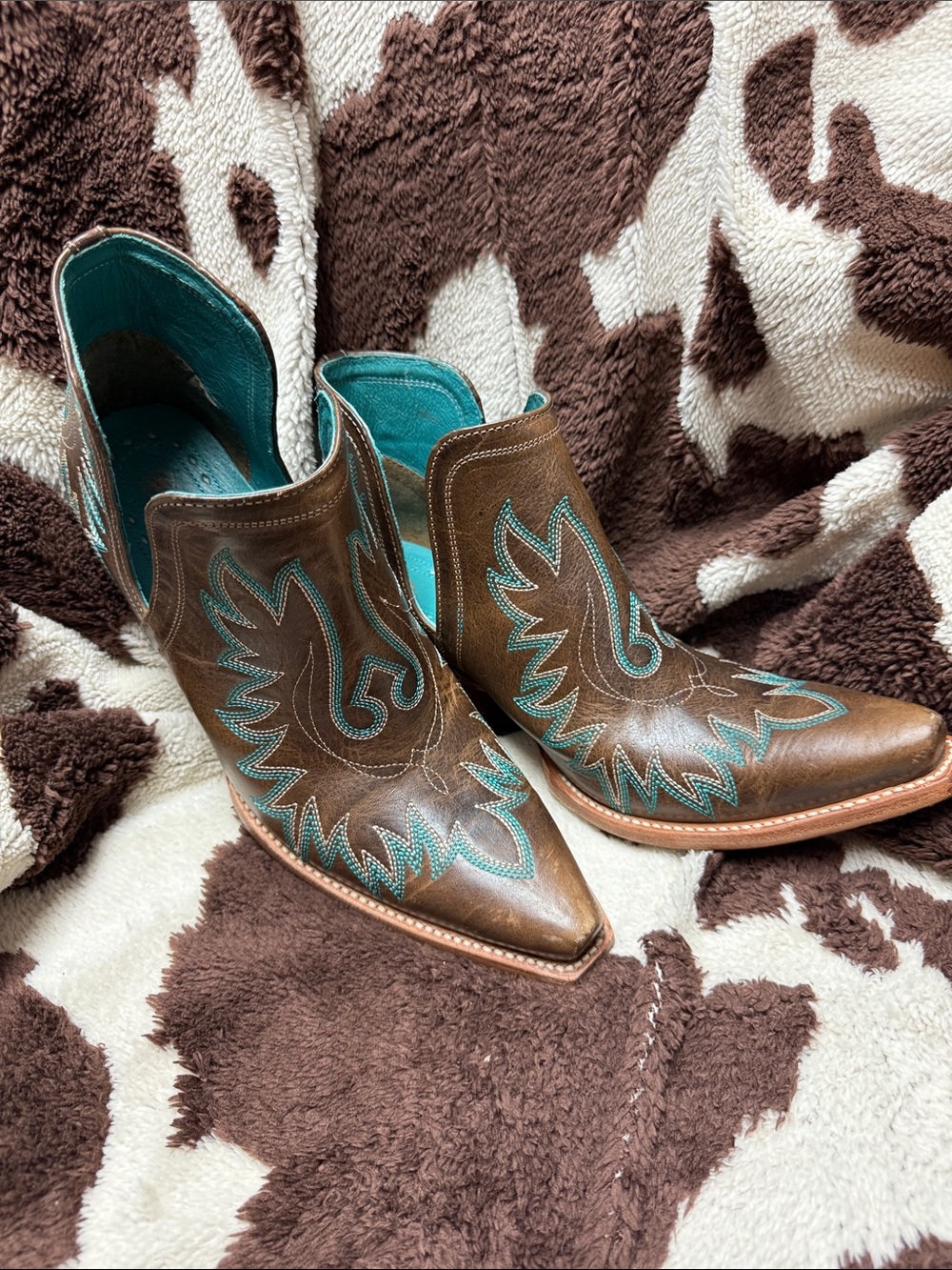 Ariat Brown Leather Ankle Heeled Boots with Teal Stitching